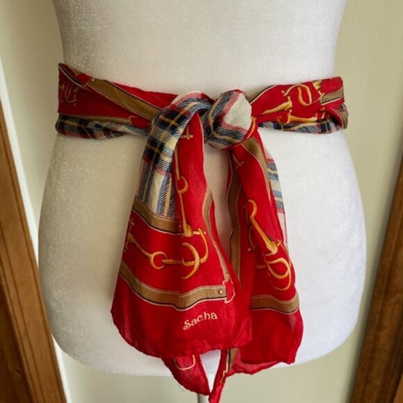 SACHA Vintage Equestrian Stirrup Tartan Plaid Skinny Oblong Scarf - Picture 9 of 13